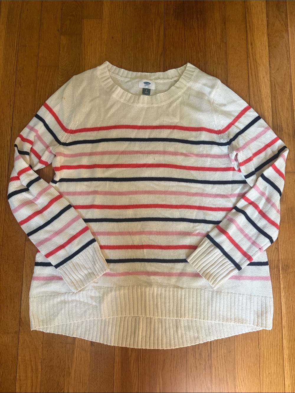 Old Navy Cream Crewneck Sweater with Pink and Navy Stripes